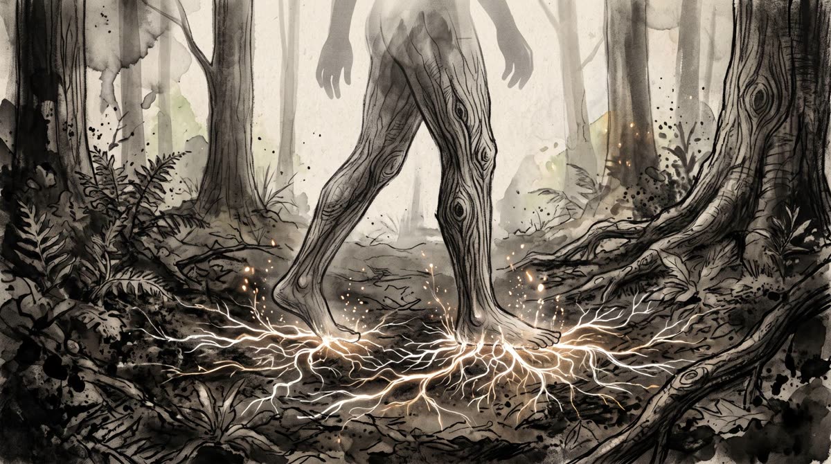 Pies descalzos de madera en un bosque, con raíces de luz que salen hacia la tierra
