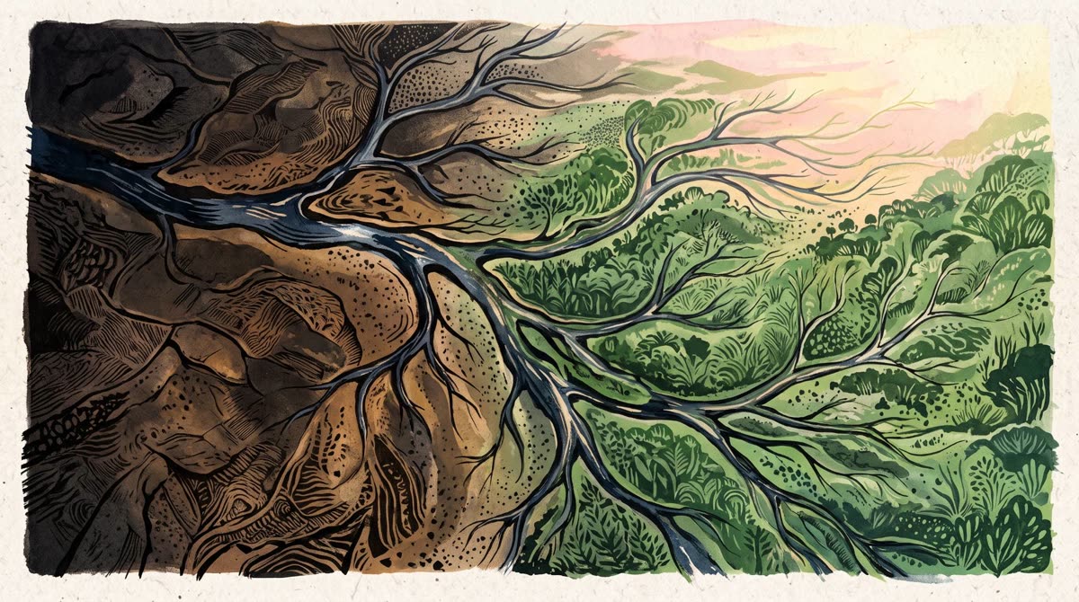 Tierra seca que se vuelve verde siguiendo el curso de un río