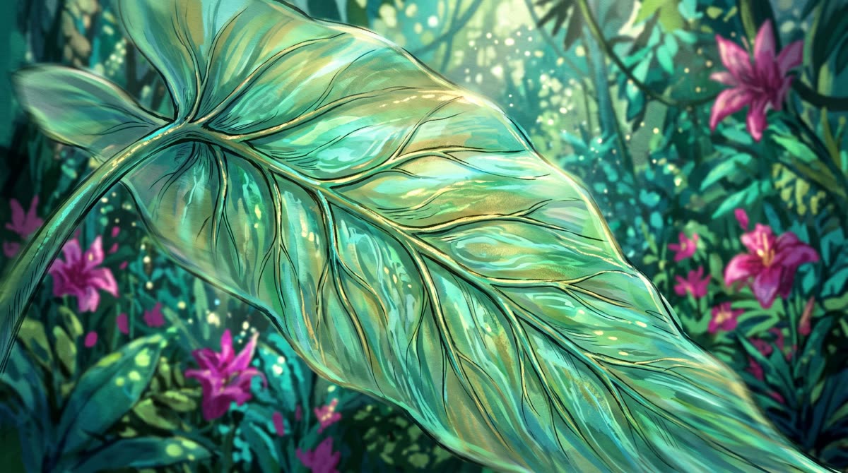 Una hoja grande y translúcida con nervaduras doradas, en la selva