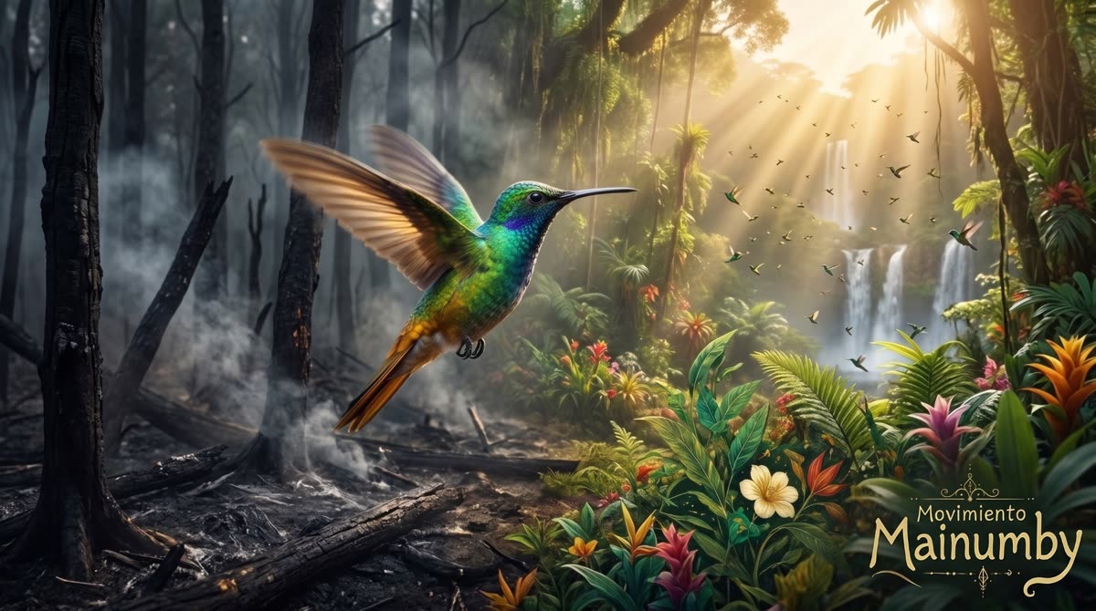 Un colibrí vuela desde un bosque quemado hacia una selva viva, con el nombre Movimiento Mainumby