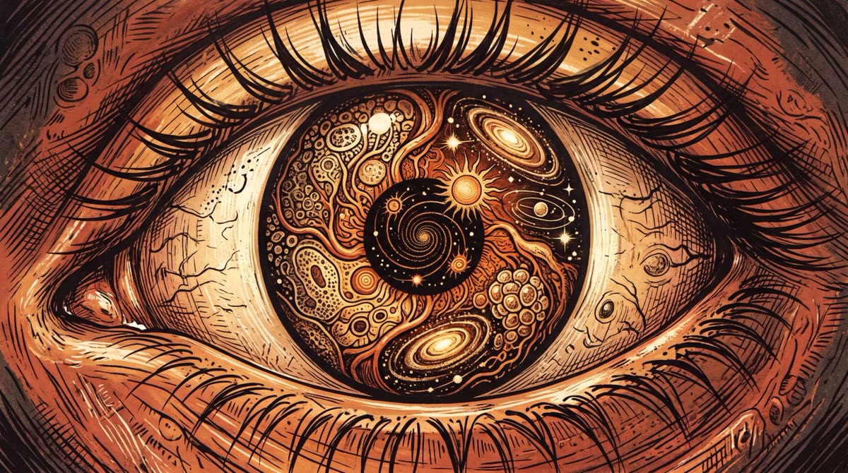 Un ojo con células, raíces y galaxias dentro de la pupila