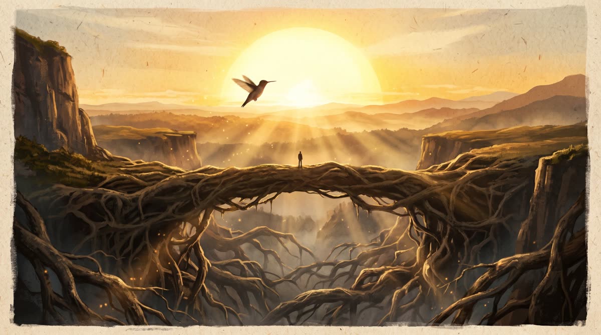 Un puente de raíces sobre un valle al amanecer, con una persona y un colibrí